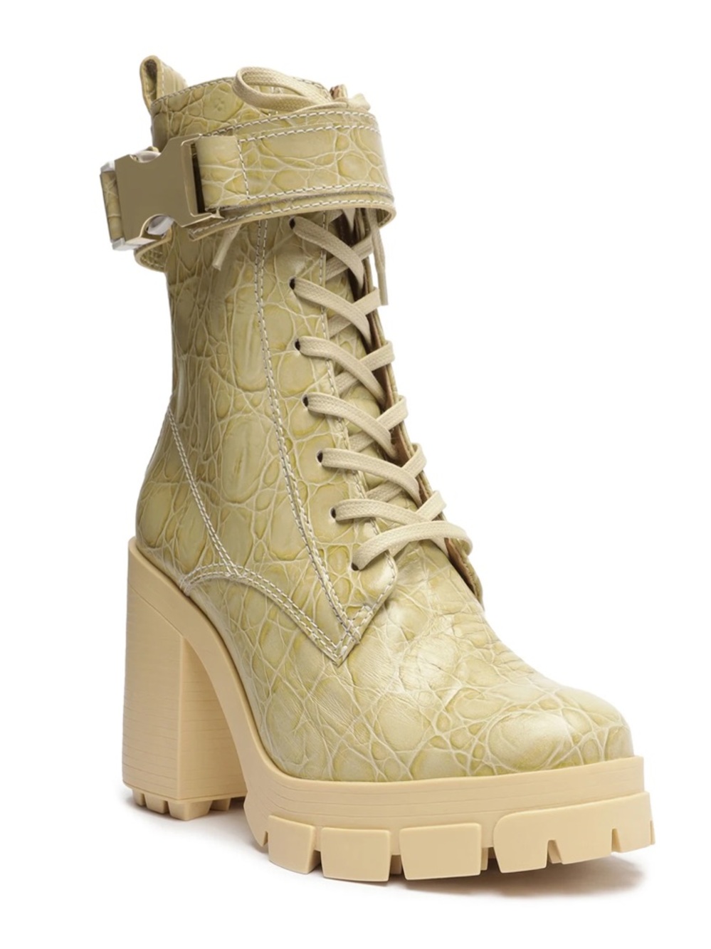 SCHUTZ Roslyn Croc-Embossed Heeled Boot in Light Beige - Picture 2 of 9